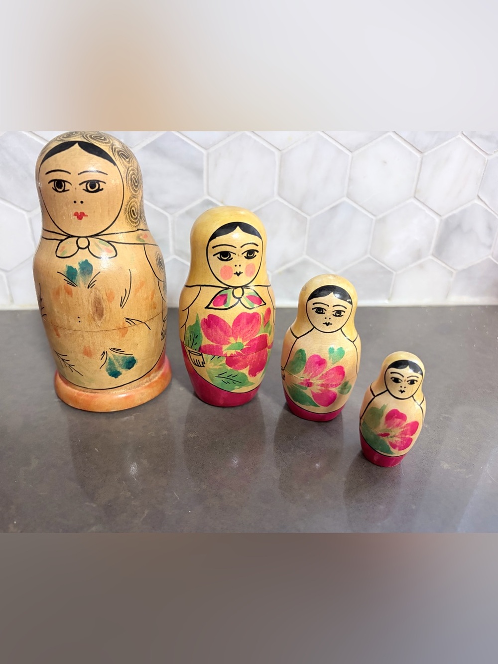 Hand-Painted Russian Nesting Dolls Set - Yellow and Red